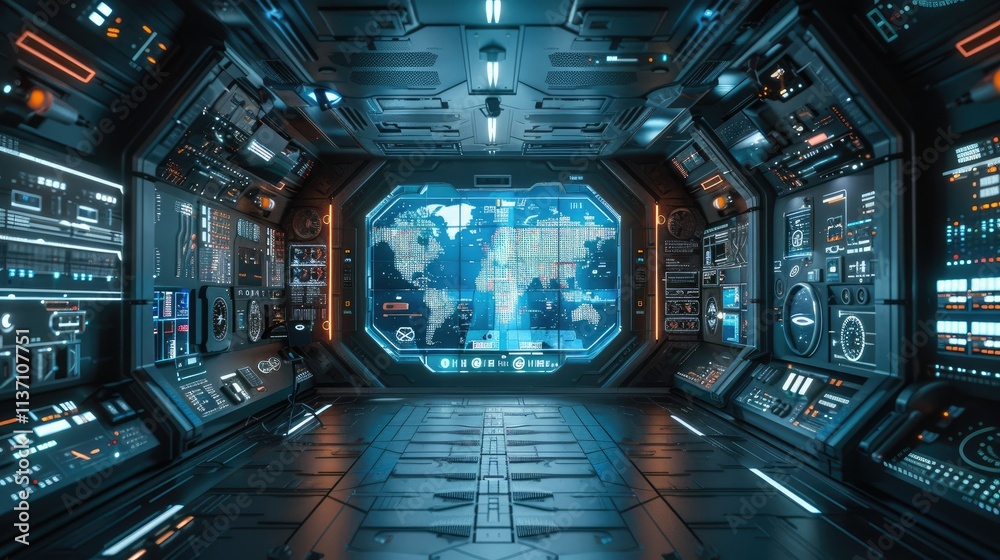 Poster futuristic control room with screens displaying maps and data.