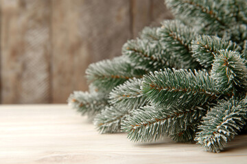 Freshly cut evergreen branches arranged on wooden surface for winter decoration
