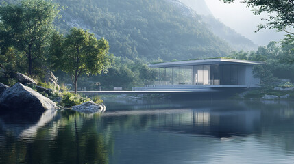 Obraz premium Serene Lake House Minimalist Architecture 3D Rendering
