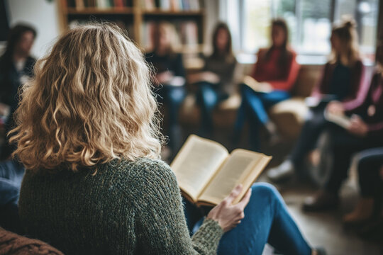 Book Club Meeting: Woman Reading, Attentive Audience, Cozy Atmosphere