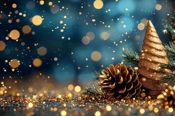 Sparkling holiday decorations with pine cones and golden accents on a festive background