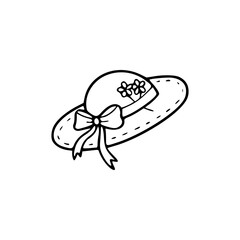 a black and white drawing of a beach hat with bow and flower