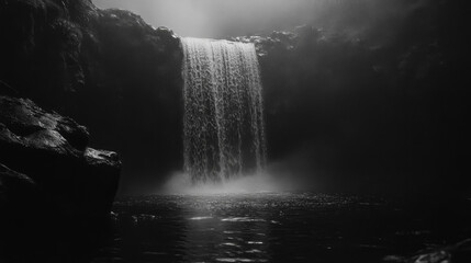 Lonely Waterfall Reflections: Monochrome Nature Photography