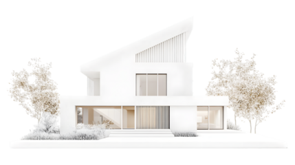 Front view of a modern family-friendly white house with a garden, isolated on a white background