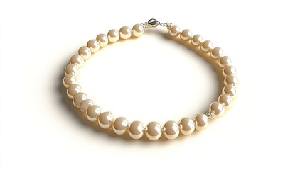 Elegant Classic Pearl Necklace on White Background, Showcasing Luster and Perfectly Symmetrical Design, Ideal for Fashion and Jewelry Photography