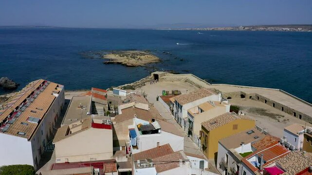 Aerial view of the antique town of the Mediterranean touristic island of Tabarca, in the Mediterranean coast, Alicante, Spain.