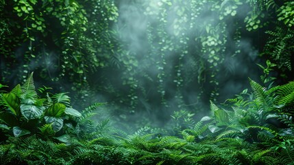 Fototapeta premium Lush green forest with ferns and mist, creating a serene, natural atmosphere.