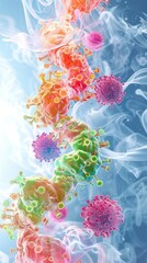 Vibrant dynamic abstract design featuring a colorful fluid explosion of microscopic cellular structures and molecular patterns  This digital showcases a futuristic