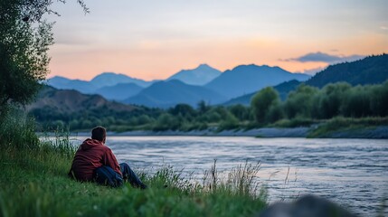 Man Contemplating Serene River Landscape Sunset Mountains