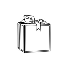 a black and white drawing of a gift box with ribbon