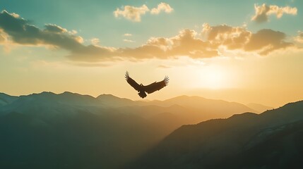 Majestic Eagle Soaring Above Mountain Sunset Landscape