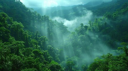 Obraz premium Lush green jungle with mist and light rays filtering through trees, creating a serene atmosphere.