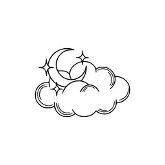 a black and white drawing of a crescent with clouds