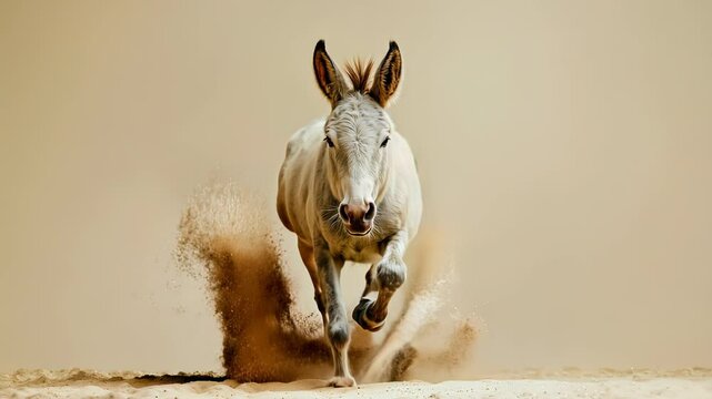 Wild Donkey Galloping in Desert with Dramatic Dust Clouds