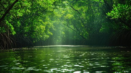 Obraz premium Lush green mangrove forest with calm water reflecting sunlight.