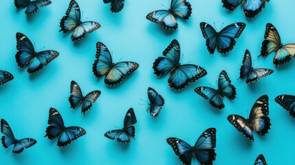 Fototapeta premium Blue Morpho Butterflies on Teal Background: A Serene Pattern