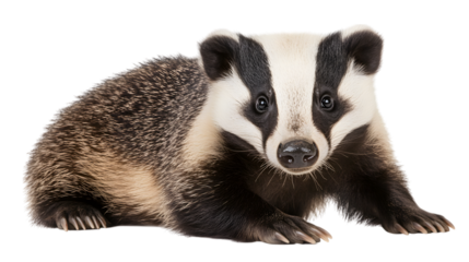 Front view of a sitting badger, isolated on a white background as transparent PNG
