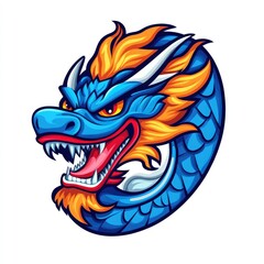 Colorful Blue Dragon Illustration with Fiery Orange Mane and Intricate Scales for Fantasy Art, Tattoo Designs, or Mythical Creature Concepts