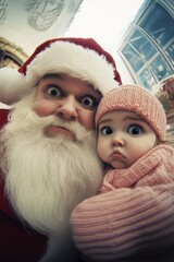 Obraz premium Gleeful festive time season, Ñute baby girl miserable with santa claus. Christmas ad visual idea visual for print ad and internet use. Xmas photo ads. Christmas happy families. Winter sales.