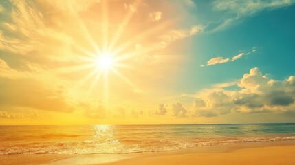 The sun is shining brightly on the ocean, creating a warm