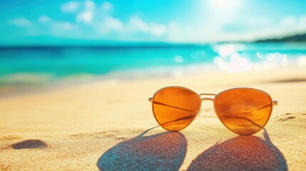Obraz premium A pair of sunglasses is sitting on the sand on a beach