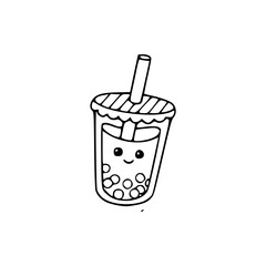 a black and white drawing of a boba tea icon with face