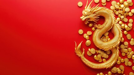 Fototapeta premium Golden Dragon Surrounded by Coins on Vibrant Red Background, Symbolizing Wealth, Prosperity, and Good Fortune in Chinese Culture, Perfect for Celebratory Themes