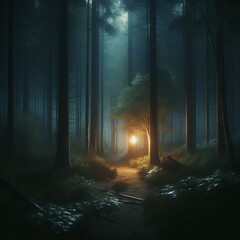 Fototapeta premium A mysterious cabin is softly lit in the middle of a dark, foggy forest. Surrounded by towering trees, the glowing light creates an eerie and captivating atmosphere, evoking adventure and solitude.. AI