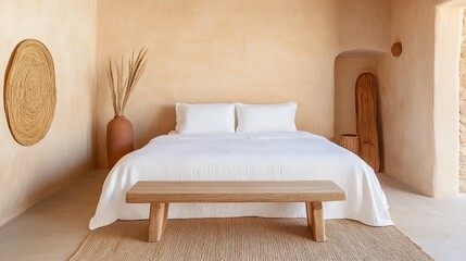 Serene and Minimalist Bedroom with Natural Elements, Wooden Furniture, and Earthy Tones for a Relaxing Atmosphere in a Contemporary Home Design