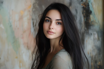 Fototapeta premium A close up portrait of a beautiful dark long hair woman.