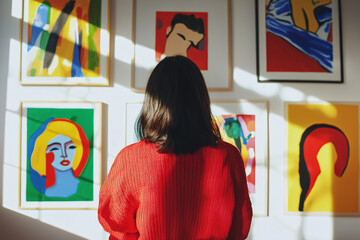 rear view of woman contemplating modern art gallery