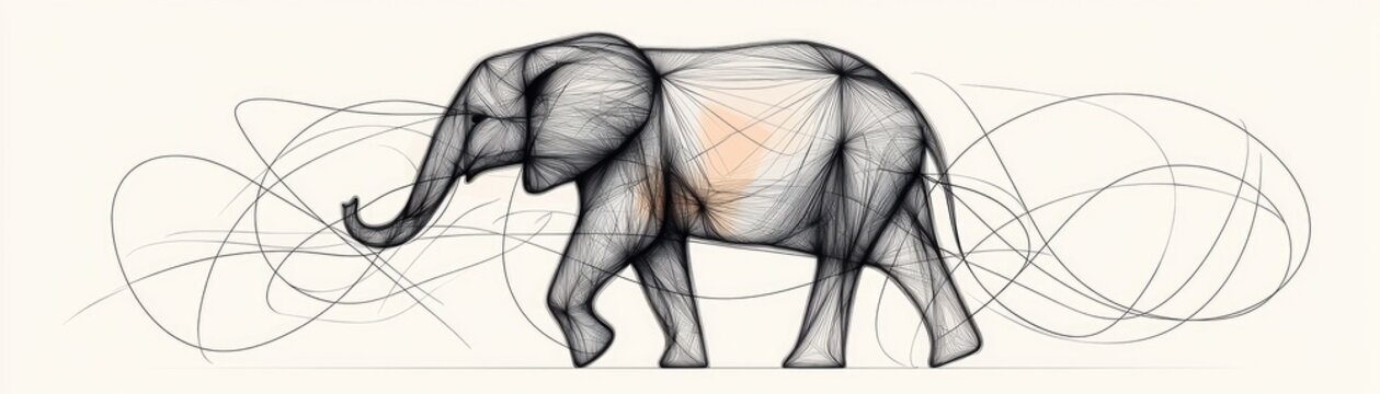 Artistic Line Drawing of an Elephant with Abstract Swirls, Perfect for Nature and Wildlife Themes in Graphic Design Projects