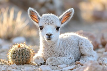 Fototapeta premium A young llama relaxes near a spiky cactus, basking in the golden sunlight of a serene desert habitat, surrounded by soft, sandy earth and gentle plants