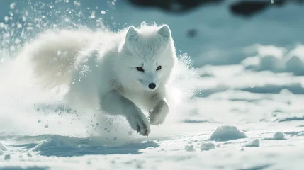 Arctic fox running in snowy landscape, winter scene.
