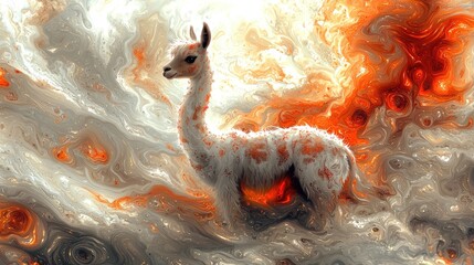 Naklejka premium This captivating scene features a llama standing proudly against a backdrop of swirling colors, resembling a vibrant sunset in the desert