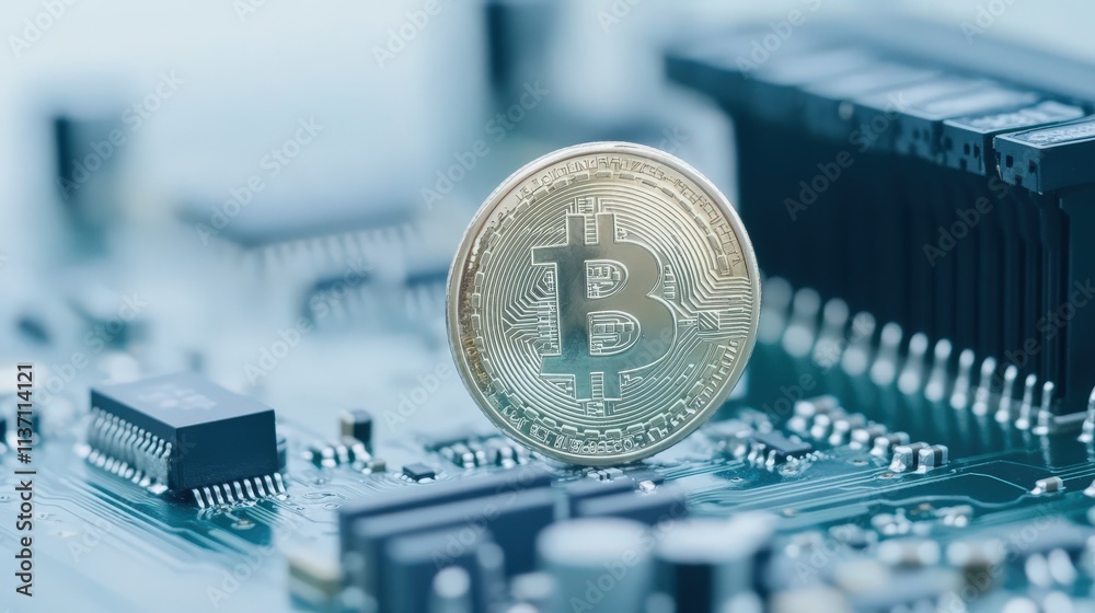 Poster Close-Up View of a Gold Bitcoin on a Circuit Board Representing Cryptocurrency Technology and Digital Finance Innovations in Modern Economy
