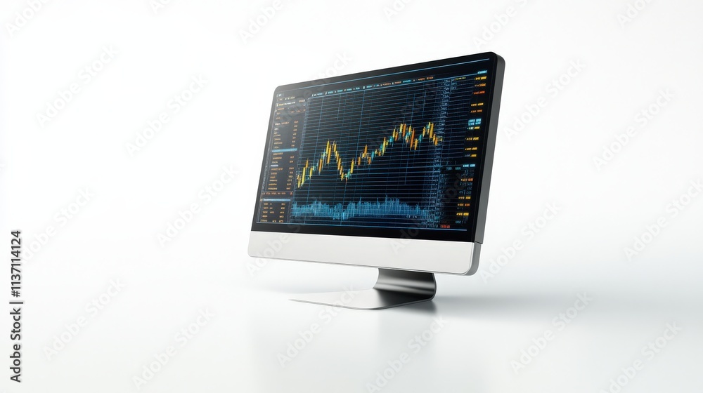 Poster Modern computer monitor displaying dynamic financial chart graphics, showcasing stock market trends and analysis in a professional digital workspace environment