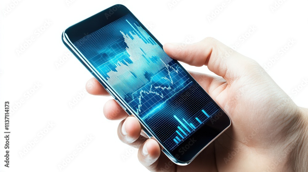 Aufkleber Modern Hand Holding Smartphone Displaying Financial Chart with Graphs and Data Visualizations for Business Analysis, Investment Monitoring, and Technology Trends