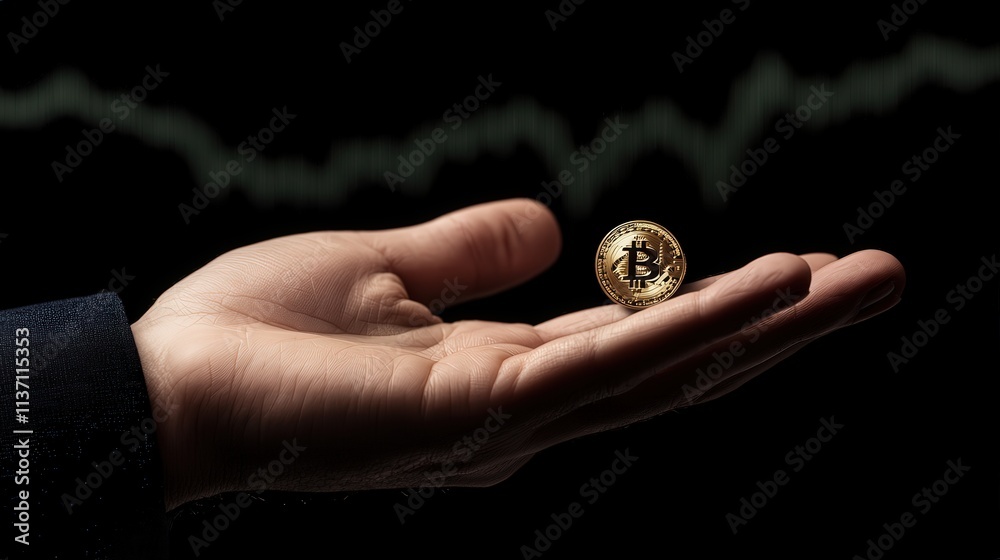 Poster hand holding bitcoin coin with dark background and trend line showing cryptocurrency market fluctuat