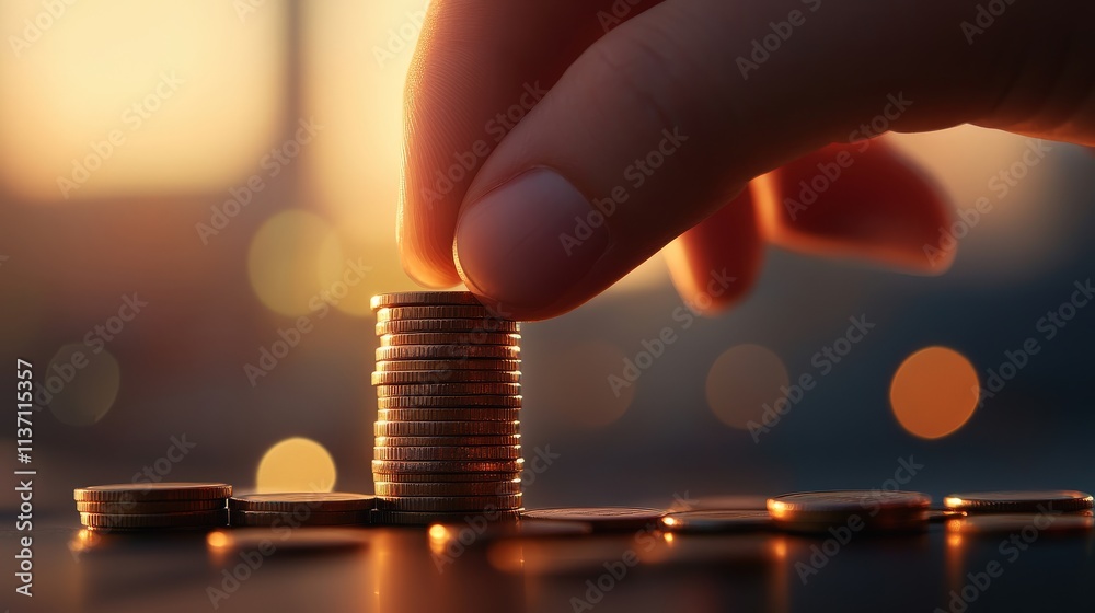 Poster hand carefully stacking coins on a table with a beautiful blurred background at sunset, symbolizing 