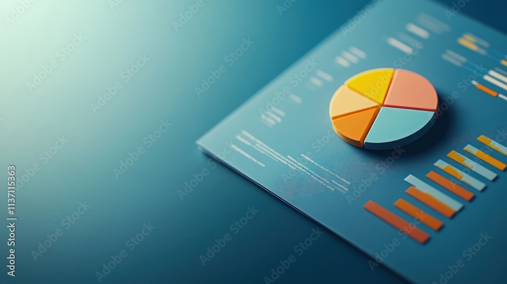 Poster Colorful pie chart on a modern blue background displaying data insights for business presentations, reports, and analytical purposes in a clean design