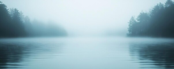 Fototapeta premium Mysterious fog idea. A serene misty lake surrounded by trees, creating a calm and peaceful atmosphere.