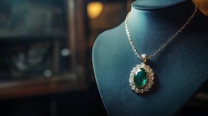 Elegant Emerald Pendant Necklace on Display Stand