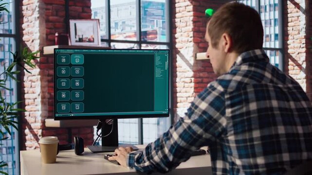 Man solving personal tasks with AI LLM chatbot answering prompts using predictive technology. Person using computer in apartment to interact with large language model program, camera A