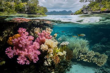 Vibrant coral reef teeming with marine life in the crystal-clear waters of raja ampat, indonesia, showcasing the beauty of a healthy underwater ecosystem