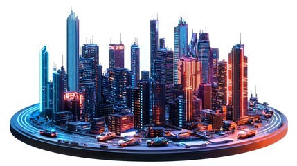Naklejka premium A vibrant, futuristic cityscape model with illuminated skyscrapers and roads.