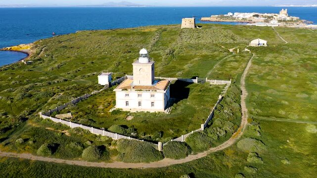 Aerial view of the lighthouse in Tabarca Island. The smallest Mediterranean island with permanent inhabitants in Spain.