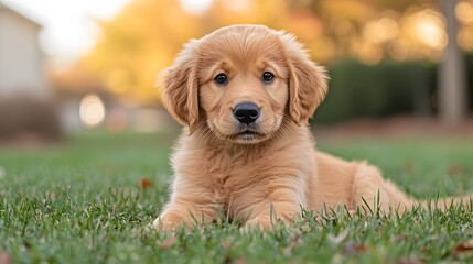 Golden retriever puppy on green lawn captured in sharp focus. Natural sunlight illuminates soft fur, with blurred park background creating intimate bokeh effect.