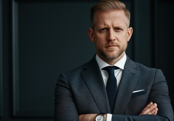 Confident businessman in formal attire with serious expression