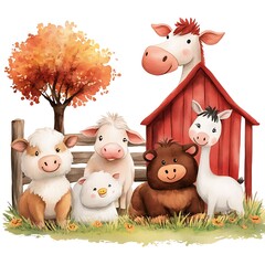 Charming Watercolor Collection of Farm Animals Featuring Cows, Sheep, Pigs, and Horses Surrounded by Trees and Barn in a Serene Pastoral Setting